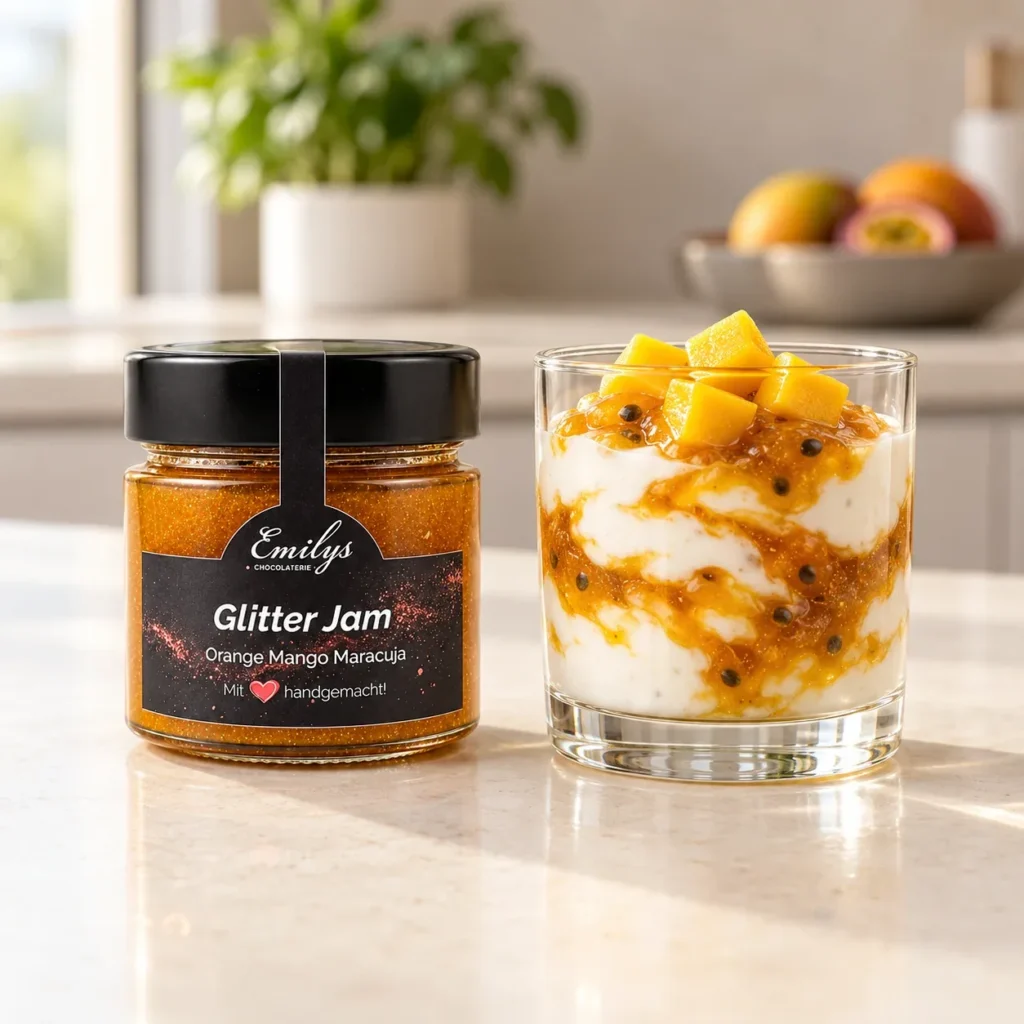 Joghurt mit Mango und Glitter Jam Orange Mango Maracuja