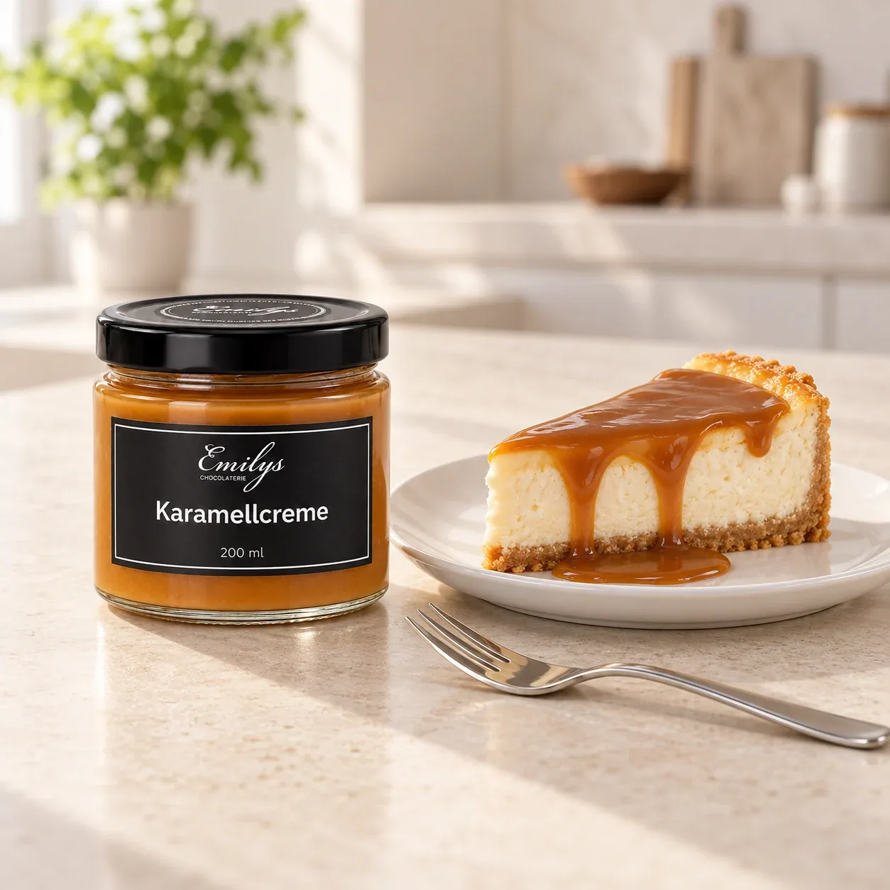 Käsekuchen mit Karamellcreme, daneben das Glas Karamellcreme