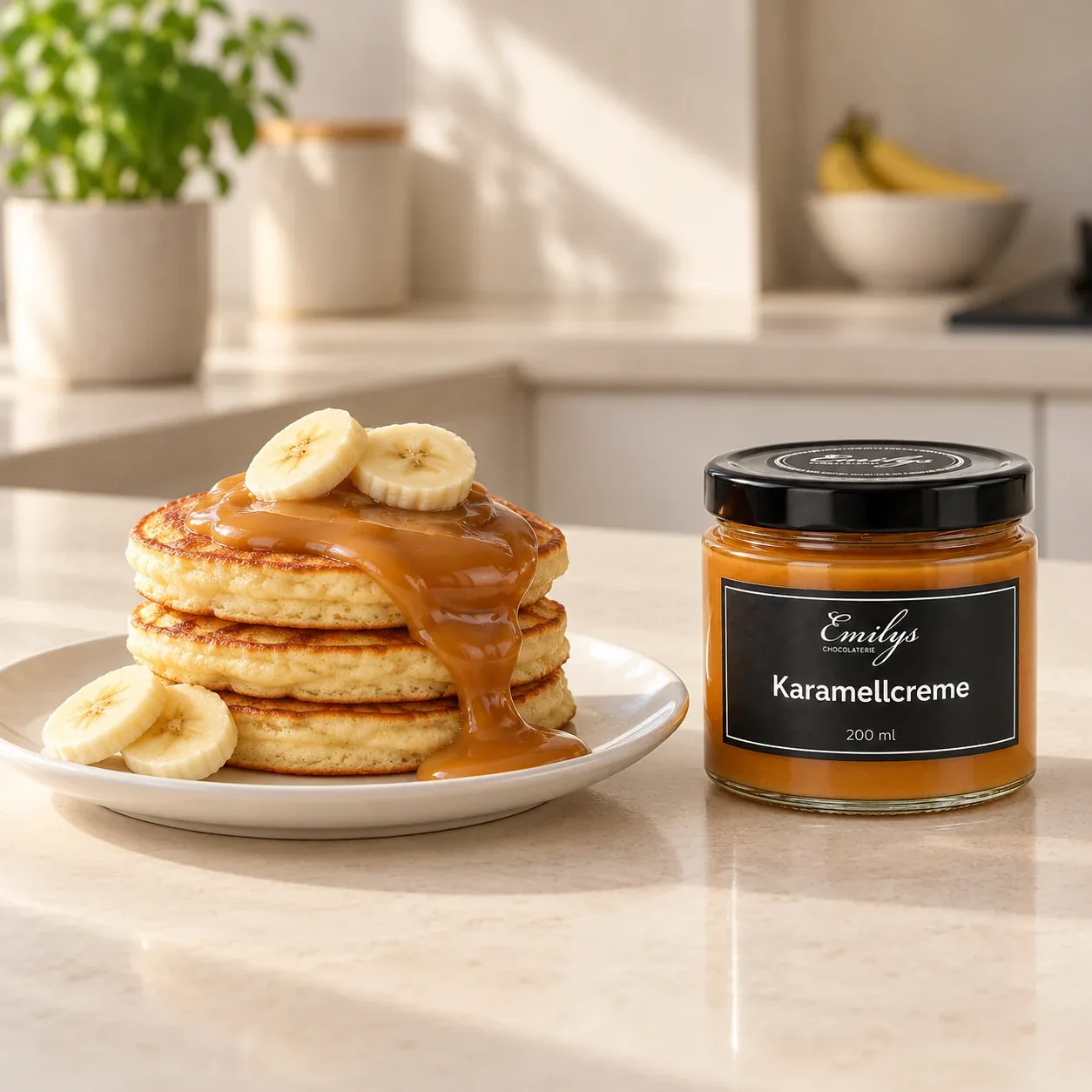 Pancakes mit Banane und Karamellcreme, daneben das Glas Karamellcreme