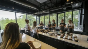 Kursgruppe an der langen Arbeitsplatte in Emilys Showküche