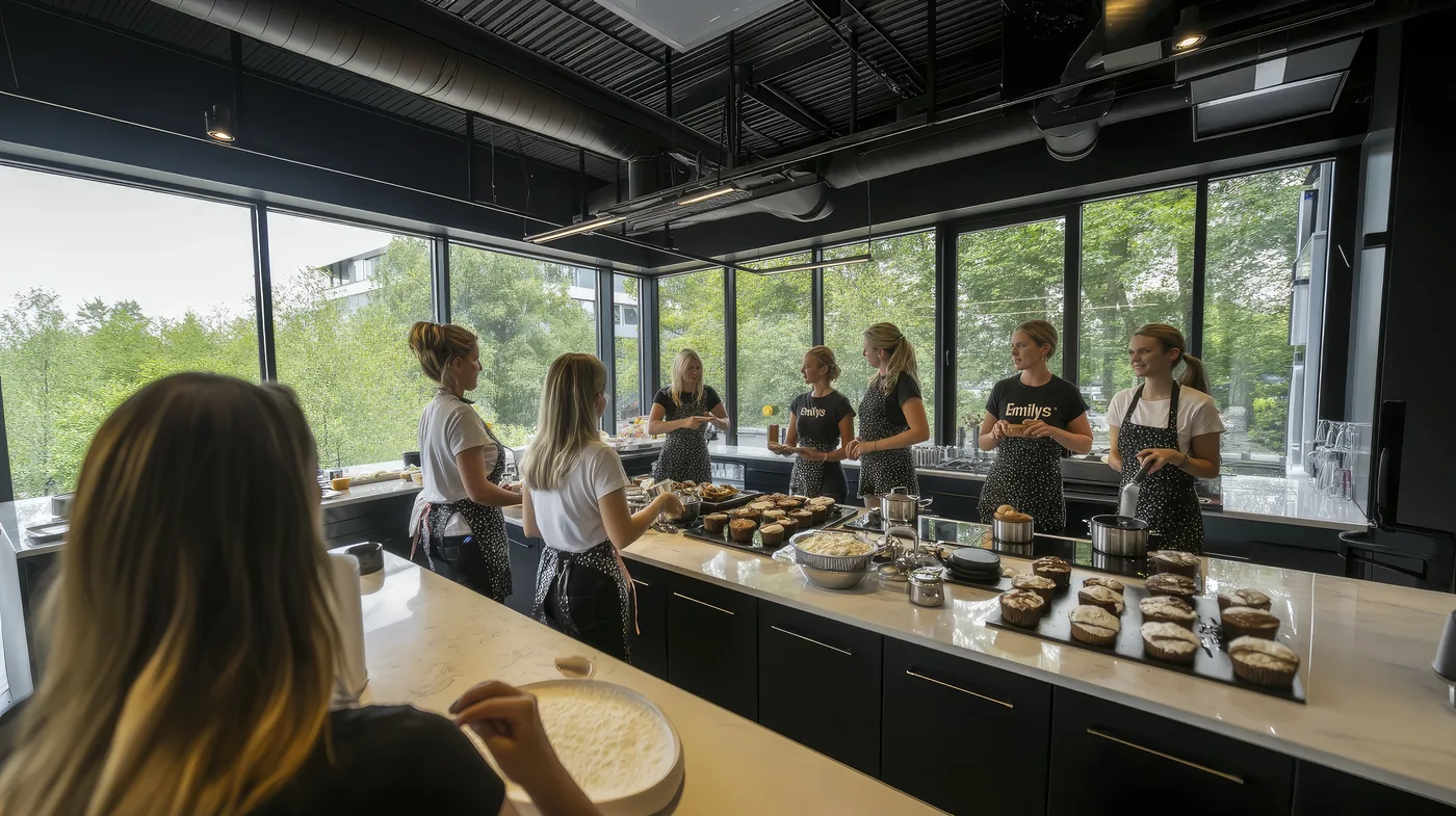 Kursgruppe an der langen Arbeitsplatte in Emilys Showküche