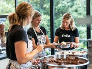 Teilnehmerinnen arbeiten im Kurs in Emilys Showküche mit Schokolade