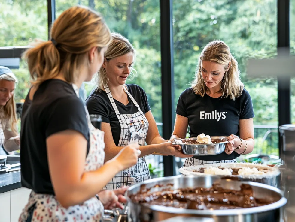 Teilnehmerinnen arbeiten im Kurs in Emilys Showküche mit Schokolade