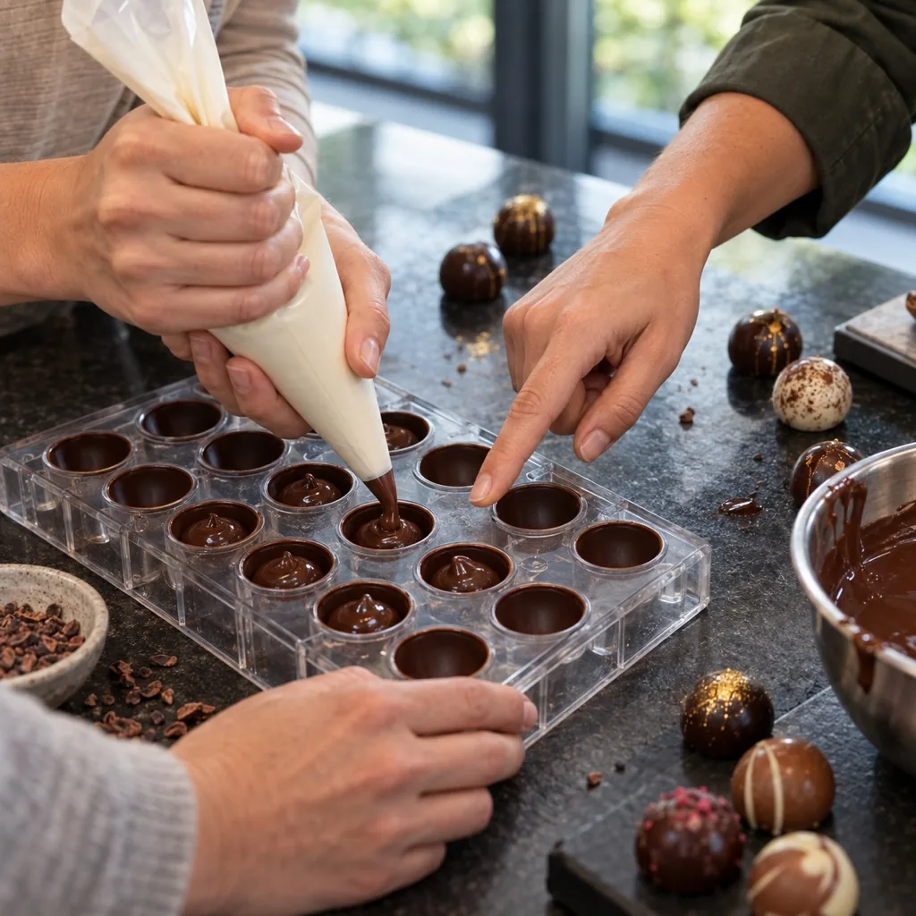 Hände füllen im Kurs eine Pralinenform mit Ganache