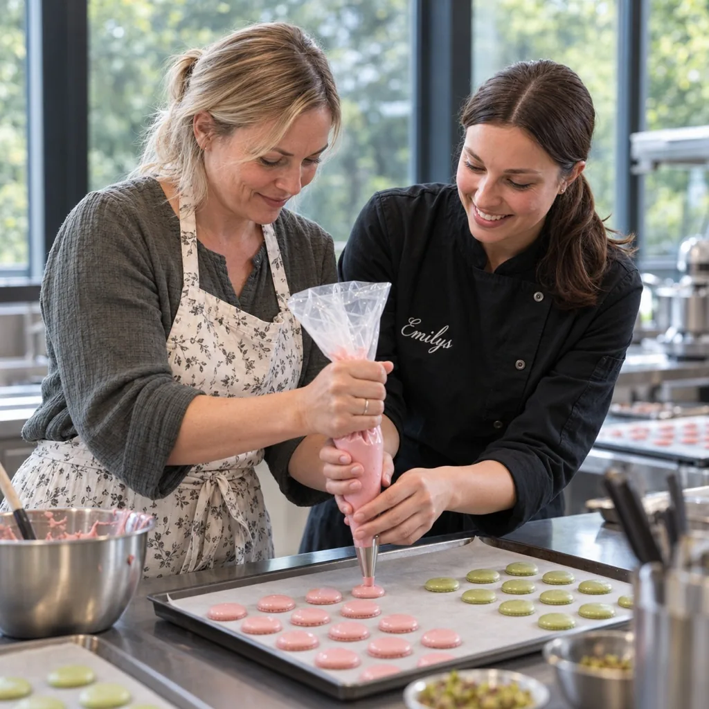 Jana hilft einer Teilnehmerin beim Spritzen von Macarons