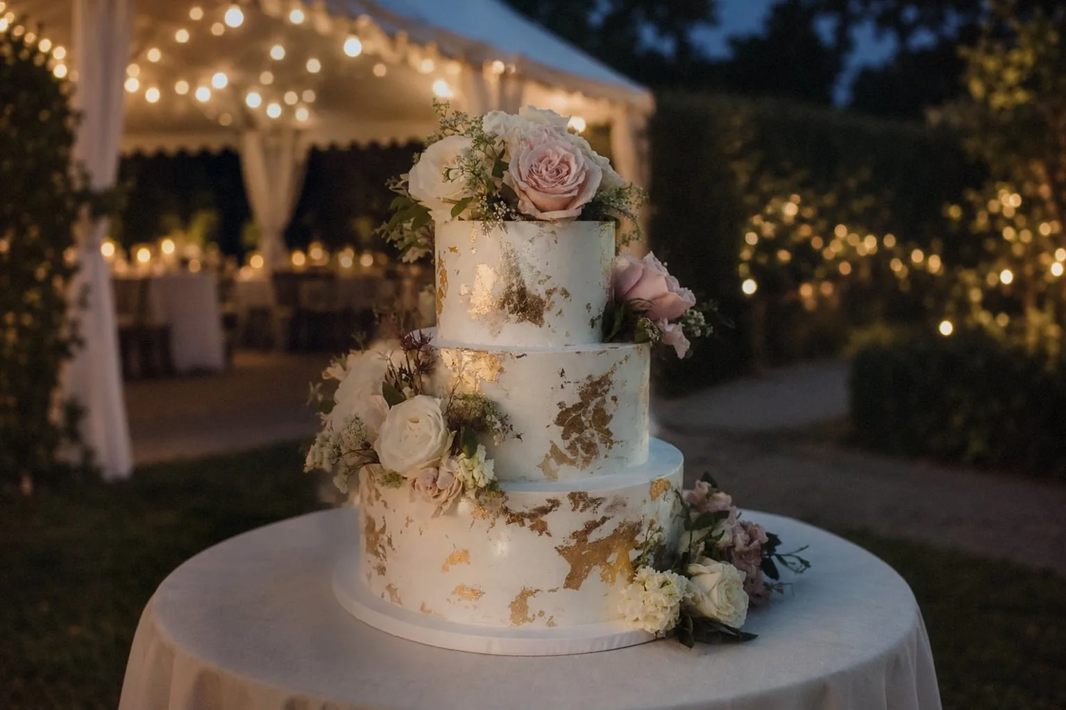Hochzeitstorte „Die Royale“ am Abend im Garten