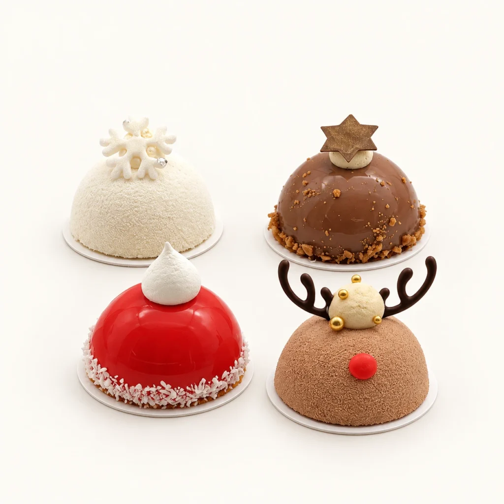 Vier Weihnachtstörtchen: Rudolph, Goldstern, Schneeflocke und Santa-Mütze vor hellem Hintergrund