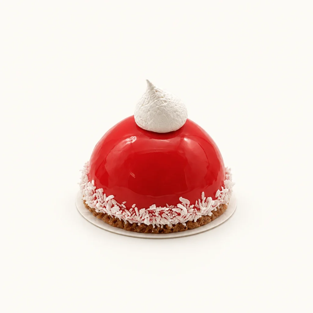 Weihnachtstörtchen Santa Mütze auf heller Unterlage vor sehr hellem Hintergrund