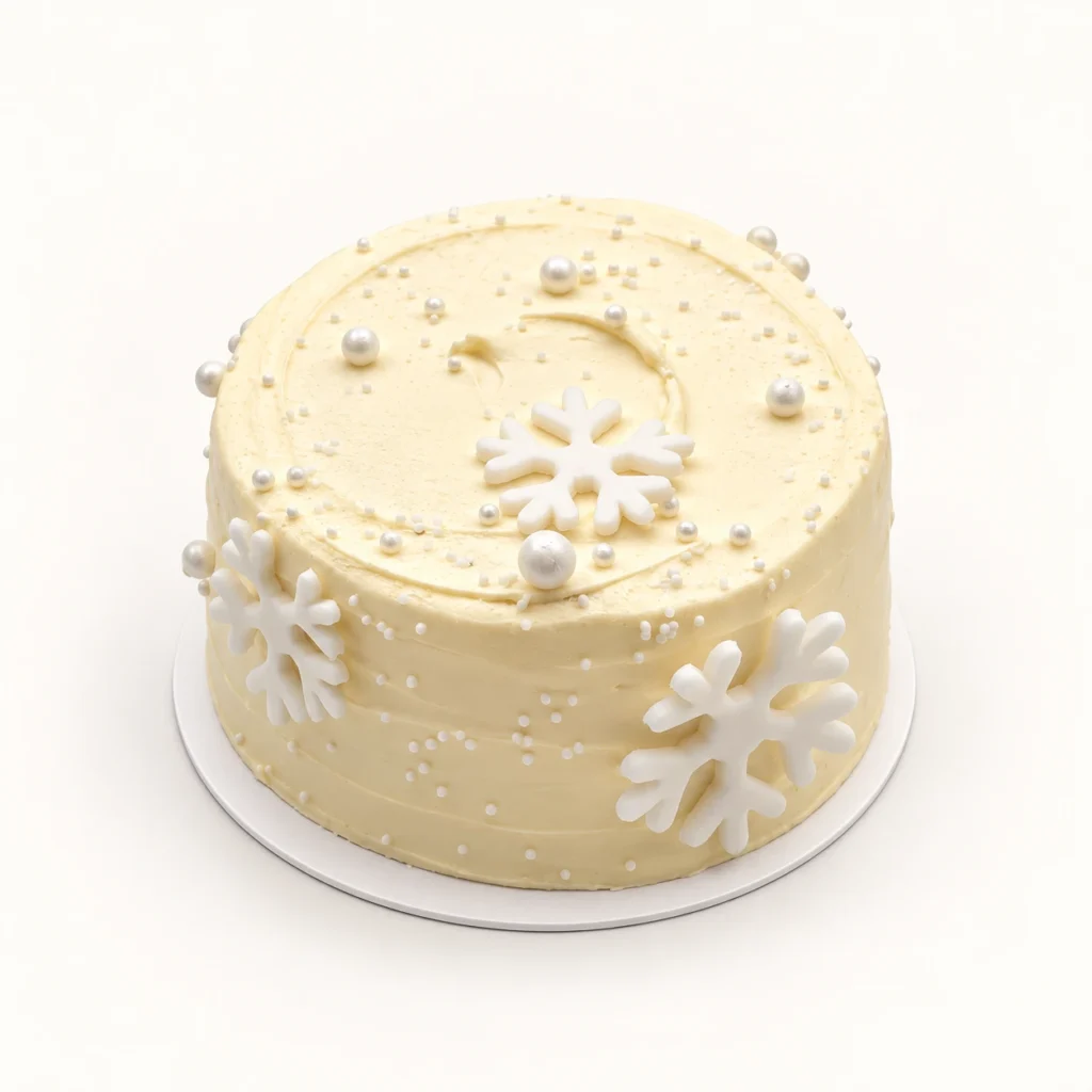 Schneeflocken-Torte mit heller Creme, weißen Schneeflocken und Perlen