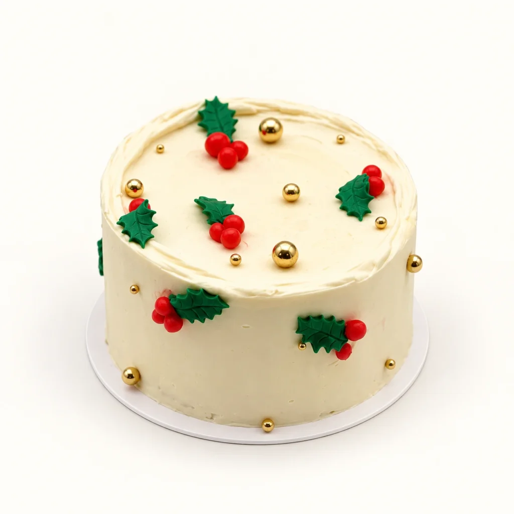 XMas-Torte mit heller Creme, grünen Stechpalmenblättern, roten Beeren und goldenen Perlen
