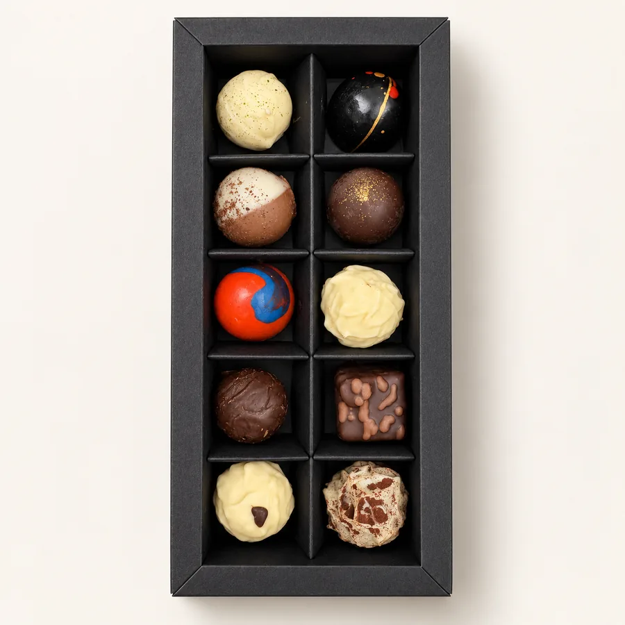 Pralinenbox 10er mit Alkohol, geöffnet