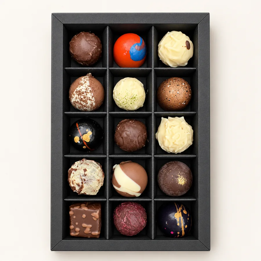 Pralinenbox 15er mit Alkohol, geöffnet