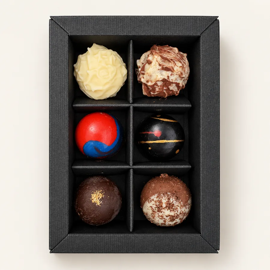 Pralinenbox 6er mit Alkohol, geöffnet