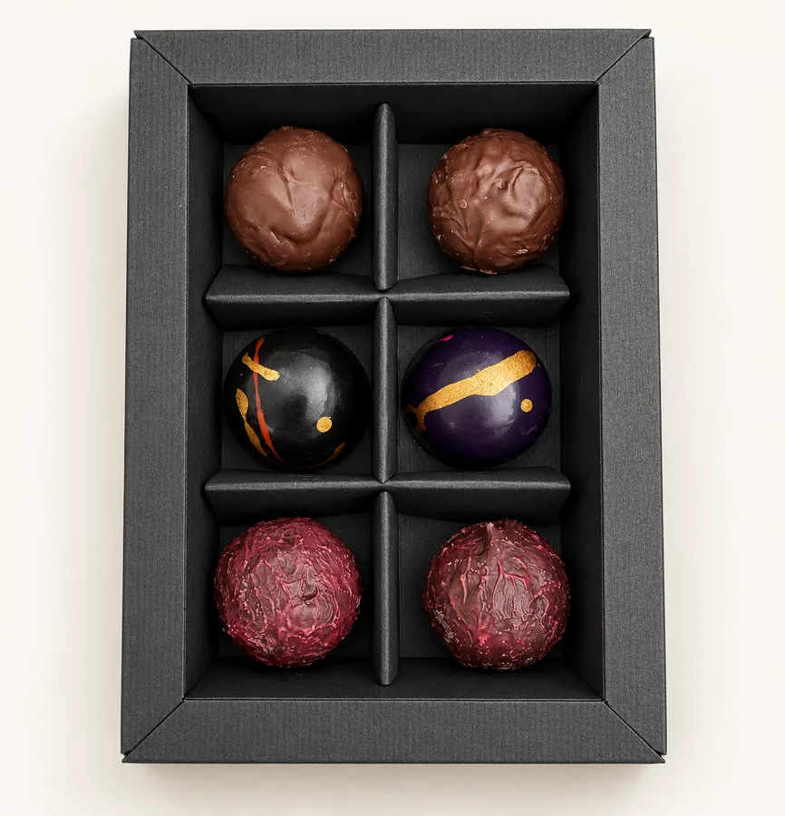 Pralinenbox 6er vegan, geöffnet